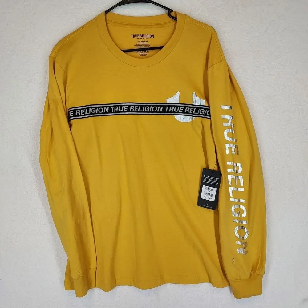 True Religion Mens Mineral Yellow Foil Taping LS Tee Sz L Cotton 700375